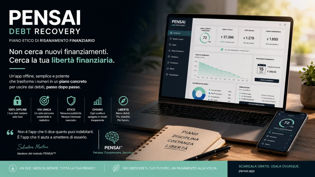 PENSAI Debt Recovery, applicazione offline che utilizza il metodo PENSAI per costruire un percorso decisionale verso la libertà finanziaria.