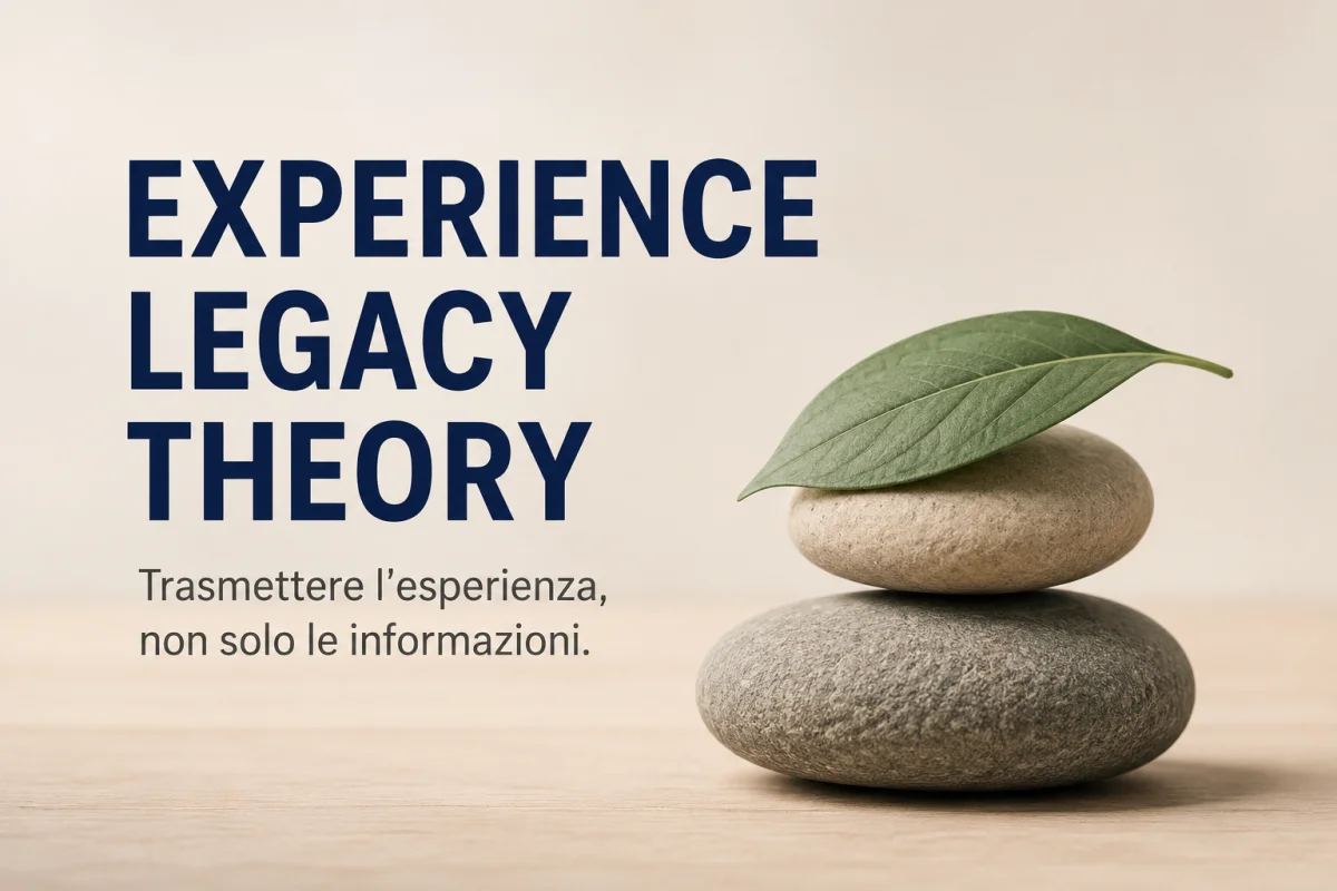 Copertina minimalista della Experience Legacy Theory con pietre in equilibrio e foglia, simbolo del trasferimento dell'esperienza e della saggezza tra generazioni.