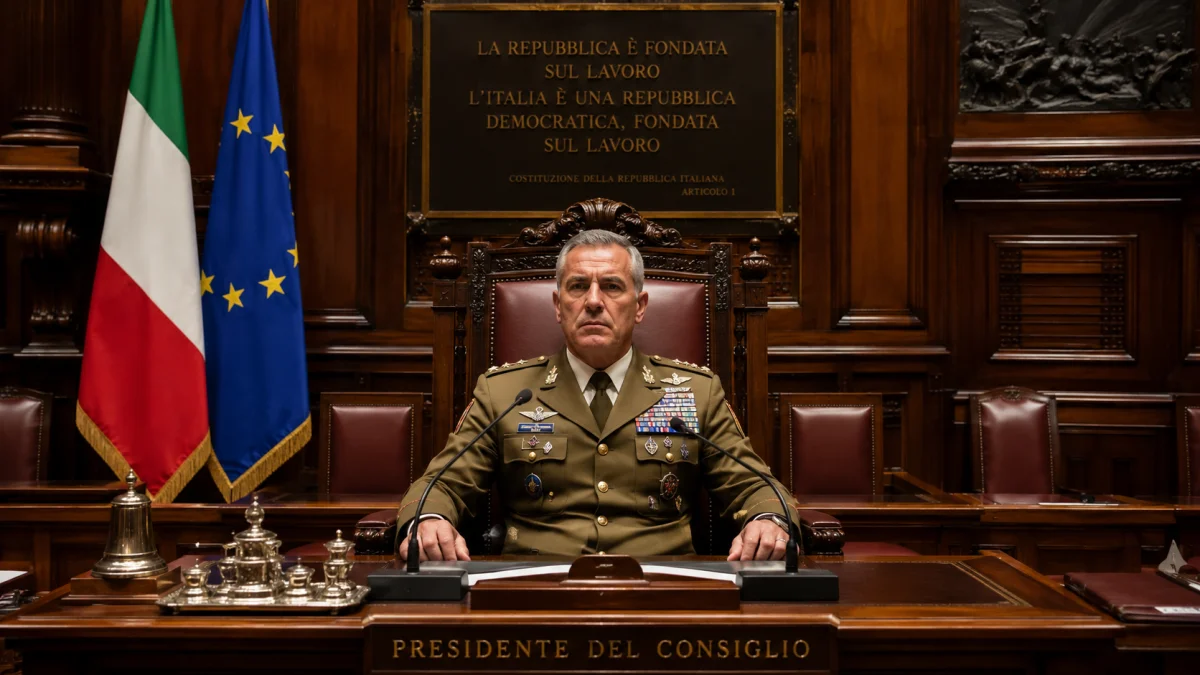 Un'illustrazione simbolica immagina un generale seduto sulla poltrona del Presidente del Consiglio, riflettendo sul rapporto tra potere, istituzioni e democrazia.