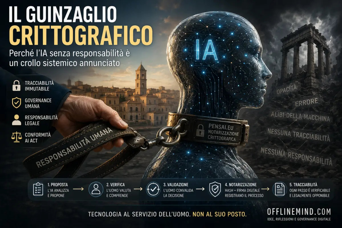 Guinzaglio crittografico applicato all'intelligenza artificiale con supervisione umana e tracciabilità delle decisioni.