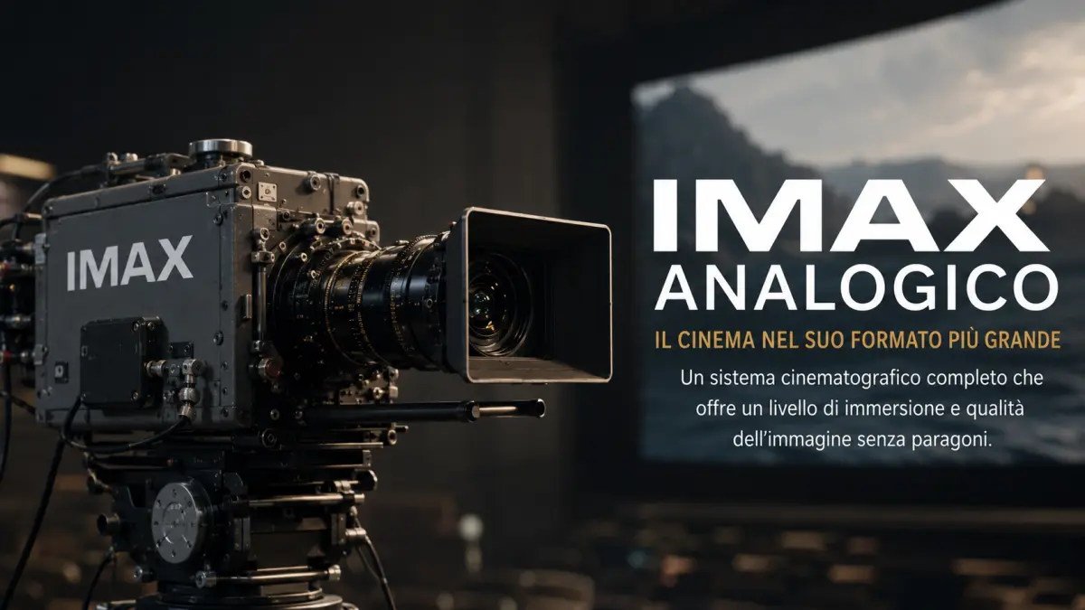 Cinepresa IMAX analogica 15/70 su pellicola in primo piano davanti a un grande schermo cinematografico, simbolo del grande formato utilizzato da Christopher Nolan.