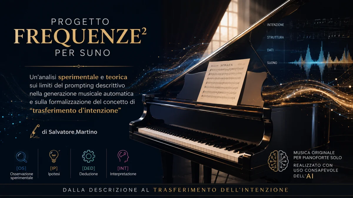 Copertina del Progetto Frequenze² con pianoforte a coda e rappresentazione del trasferimento dell'intenzione tra uomo e intelligenza artificiale
