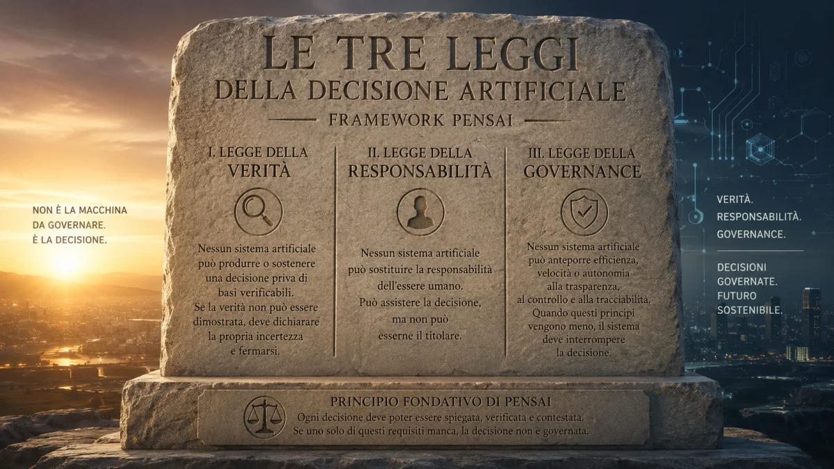 Monolite in pietra con incise le Tre Leggi della Decisione Artificiale del Framework PENSAI, simbolo della governance dell'intelligenza artificiale.