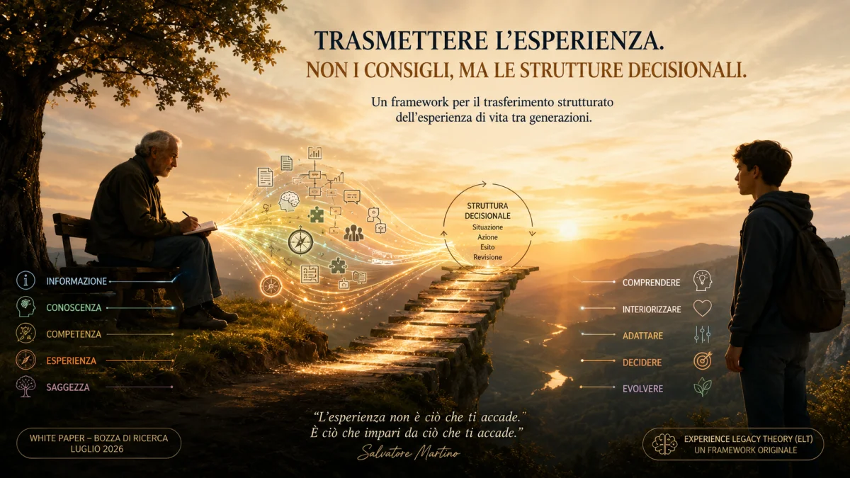 Illustrazione concettuale che rappresenta il trasferimento strutturato dell'esperienza tra generazioni attraverso la Experience Legacy Theory, con focus su conoscenza, competenza, esperienza e saggezza.