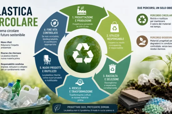 Infografica sul sistema circolare della plastica, dalla progettazione e utilizzo alla raccolta, riciclo, riutilizzo e biodegradazione controllata.