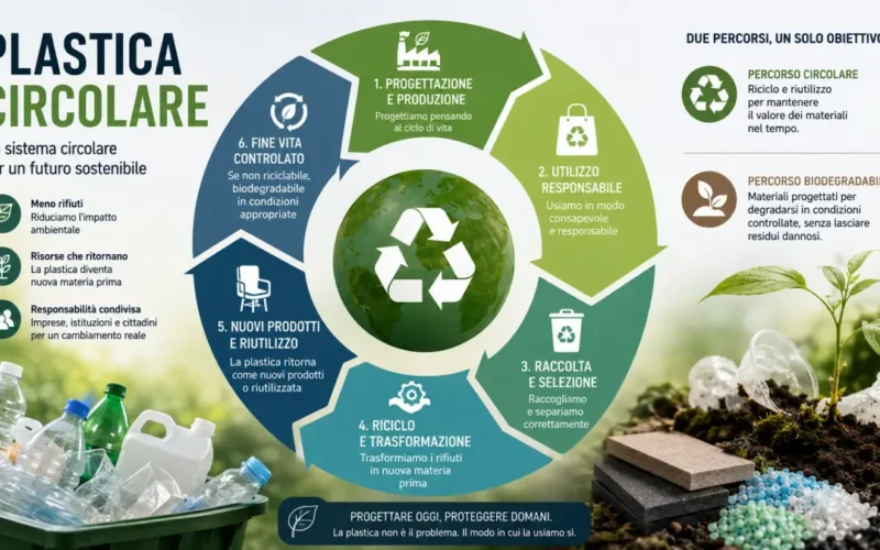 Infografica sul sistema circolare della plastica, dalla progettazione e utilizzo alla raccolta, riciclo, riutilizzo e biodegradazione controllata.