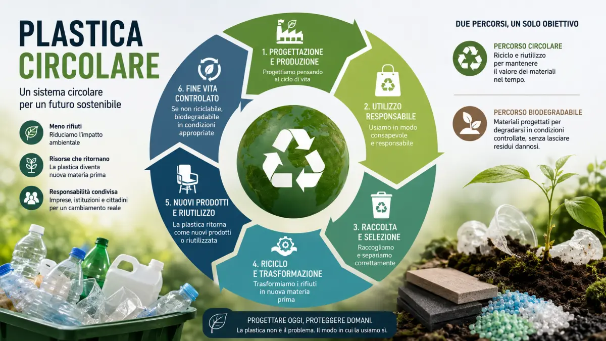 Infografica sul sistema circolare della plastica, dalla progettazione e utilizzo alla raccolta, riciclo, riutilizzo e biodegradazione controllata.