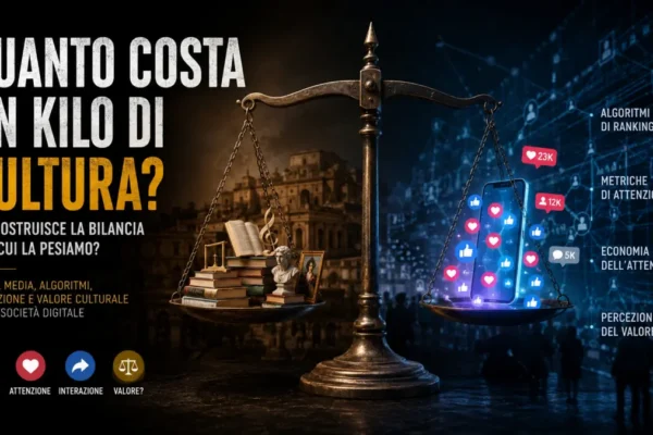 Bilancia simbolica tra libri e cultura tradizionale e uno smartphone dominato da like e metriche social, rappresentando il rapporto tra cultura, algoritmi, attenzione e valore.