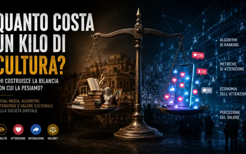 Bilancia simbolica tra libri e cultura tradizionale e uno smartphone dominato da like e metriche social, rappresentando il rapporto tra cultura, algoritmi, attenzione e valore.