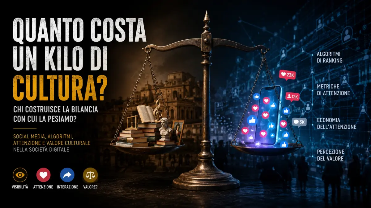 Bilancia simbolica tra libri e cultura tradizionale e uno smartphone dominato da like e metriche social, rappresentando il rapporto tra cultura, algoritmi, attenzione e valore.