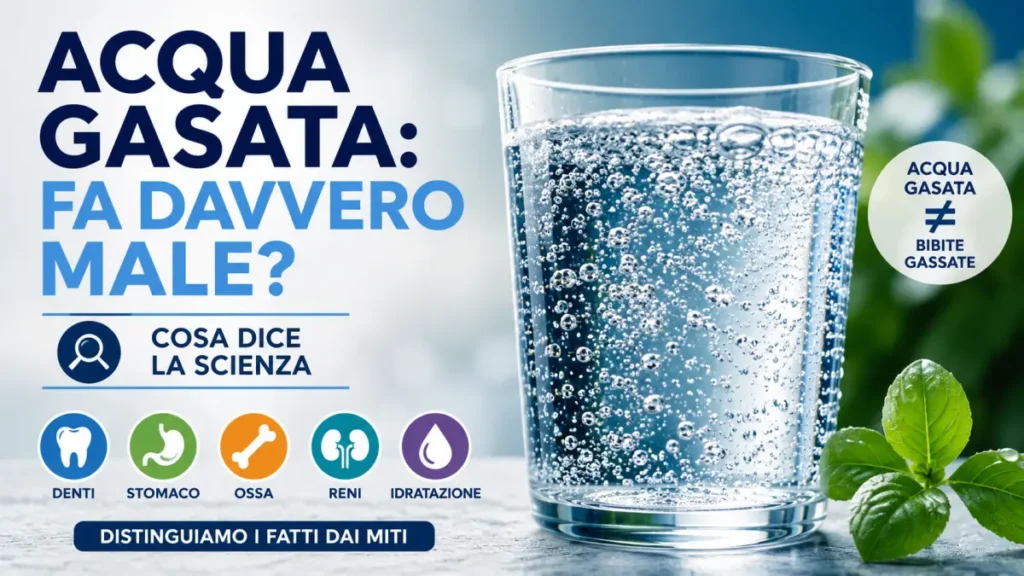 Infografica sull'acqua gasata e i suoi possibili effetti su denti, stomaco, ossa, reni e idratazione, con confronto tra acqua gasata e bibite gassate.