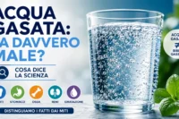 Infografica sull'acqua gasata e i suoi possibili effetti su denti, stomaco, ossa, reni e idratazione, con confronto tra acqua gasata e bibite gassate.