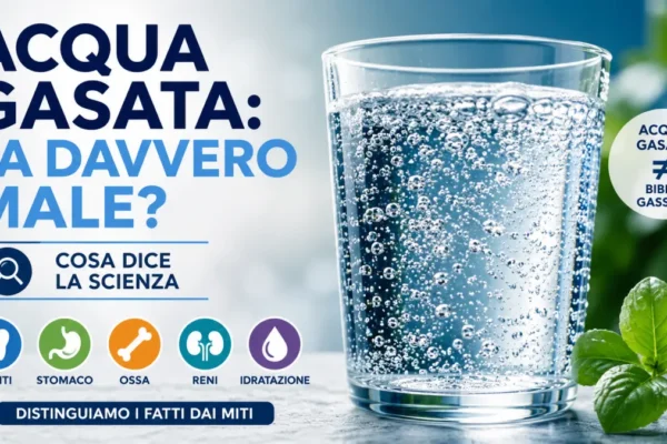 Infografica sull'acqua gasata e i suoi possibili effetti su denti, stomaco, ossa, reni e idratazione, con confronto tra acqua gasata e bibite gassate.