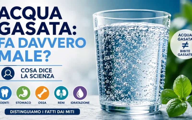 Infografica sull'acqua gasata e i suoi possibili effetti su denti, stomaco, ossa, reni e idratazione, con confronto tra acqua gasata e bibite gassate.