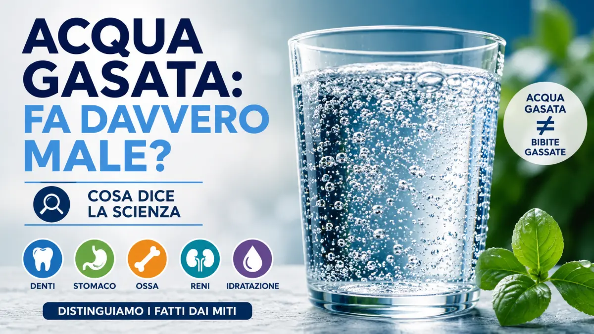 Infografica sull'acqua gasata e i suoi possibili effetti su denti, stomaco, ossa, reni e idratazione, con confronto tra acqua gasata e bibite gassate.