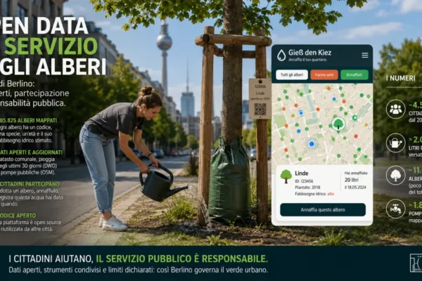 Open Data e alberi di Berlino: cittadina annaffia un albero usando una mappa digitale