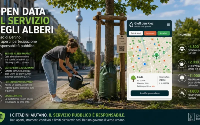 Open Data e alberi di Berlino: cittadina annaffia un albero usando una mappa digitale