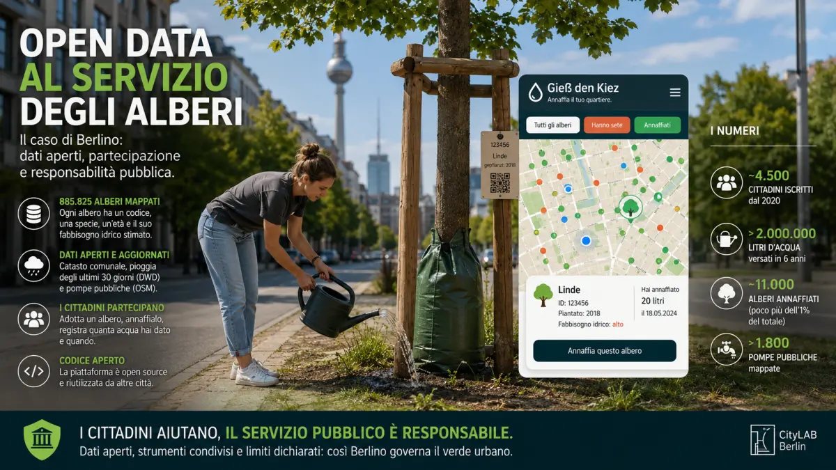 Open Data e alberi di Berlino: cittadina annaffia un albero usando una mappa digitale