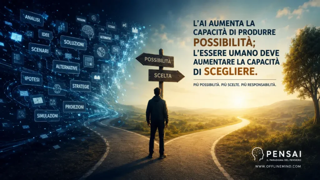 Un uomo davanti a un bivio tra possibilità generate dall’intelligenza artificiale e la scelta di un percorso