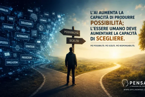 Un uomo davanti a un bivio tra possibilità generate dall’intelligenza artificiale e la scelta di un percorso
