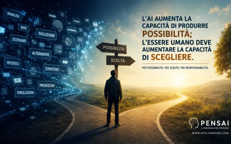 Un uomo davanti a un bivio tra possibilità generate dall’intelligenza artificiale e la scelta di un percorso