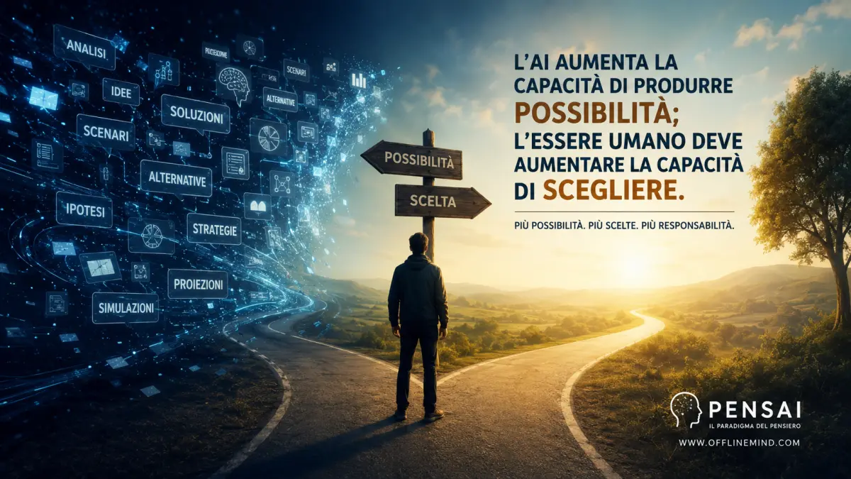 Un uomo davanti a un bivio tra possibilità generate dall’intelligenza artificiale e la scelta di un percorso