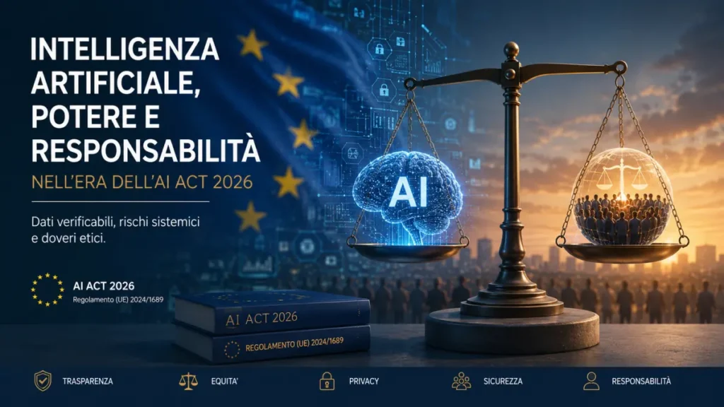 Bilancia tra intelligenza artificiale e responsabilità nell'era dell'AI Act 2026, simbolo della governance europea dell'IA.