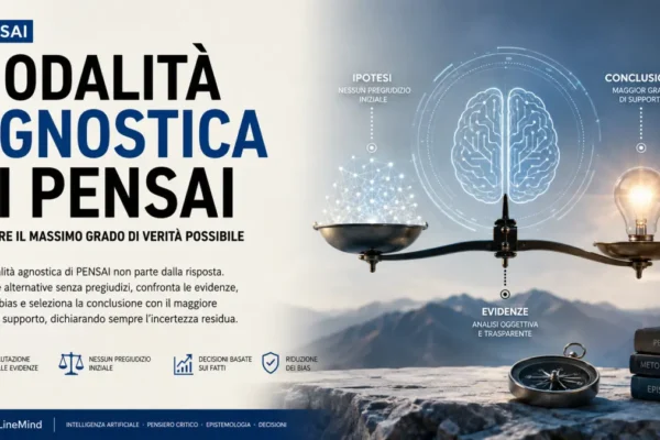 Illustrazione 16:9 sulla modalità agnostica di PENSAI, con una bilancia che rappresenta il confronto tra ipotesi ed evidenze e il concetto di ricerca del massimo grado di verità possibile.