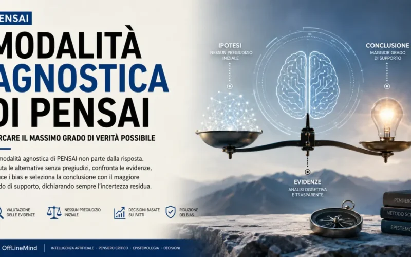 Illustrazione 16:9 sulla modalità agnostica di PENSAI, con una bilancia che rappresenta il confronto tra ipotesi ed evidenze e il concetto di ricerca del massimo grado di verità possibile.