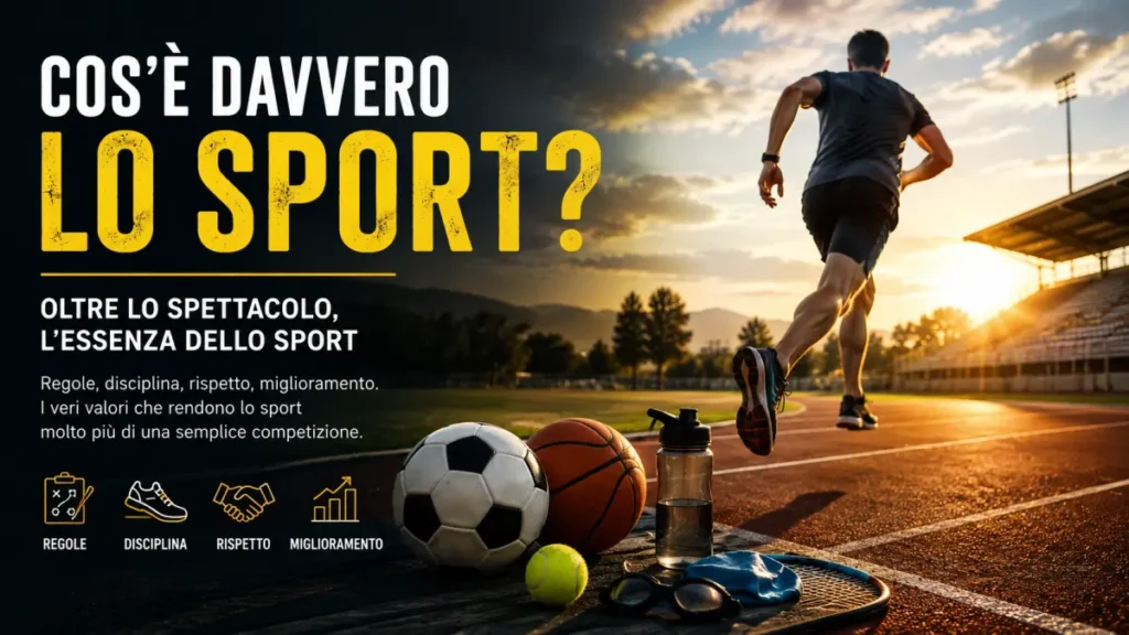 Corridore su pista con attrezzatura sportiva in primo piano, simbolo dell'essenza dello sport fondata su regole, disciplina, rispetto e miglioramento.