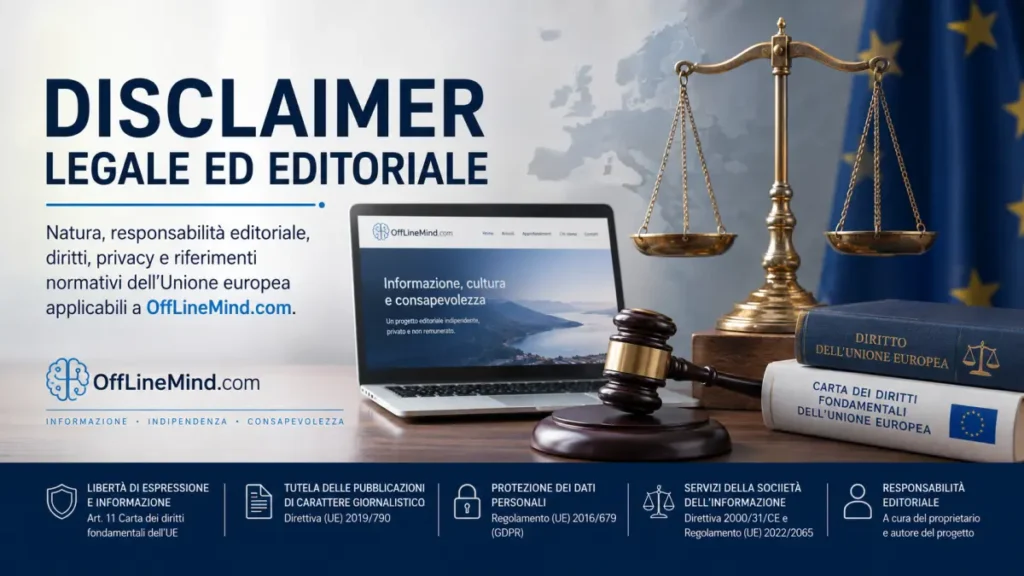 Disclaimer legale ed editoriale di OffLineMind con riferimenti al diritto dell’Unione europea, responsabilità editoriale, privacy e diritti.