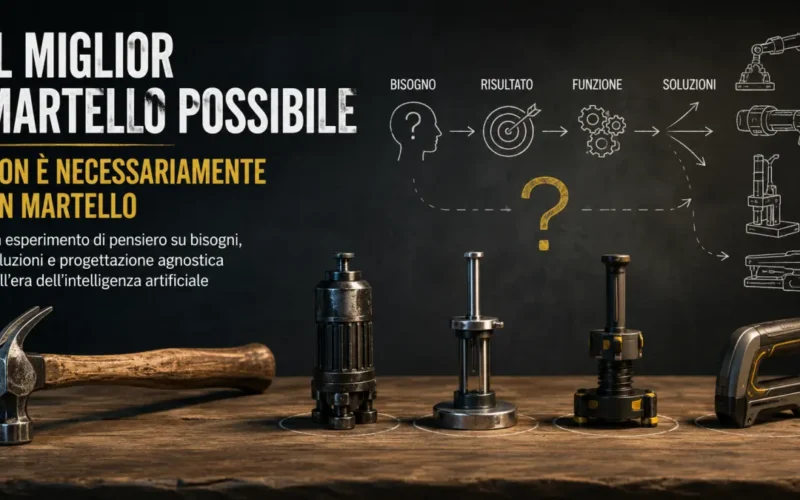 Progettare il miglior martello possibile sembra un problema semplice, ma porta a una domanda più profonda: stiamo davvero cercando un martello o il modo migliore per ottenere un determinato risultato? Attraverso PENSAI e ChatGPT come strumento esecutivo, il saggio esplora la progettazione agnostica, separando bisogno, funzione e soluzione.