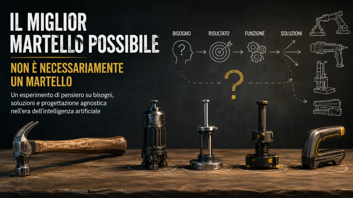 Progettare il miglior martello possibile sembra un problema semplice, ma porta a una domanda più profonda: stiamo davvero cercando un martello o il modo migliore per ottenere un determinato risultato? Attraverso PENSAI e ChatGPT come strumento esecutivo, il saggio esplora la progettazione agnostica, separando bisogno, funzione e soluzione.
