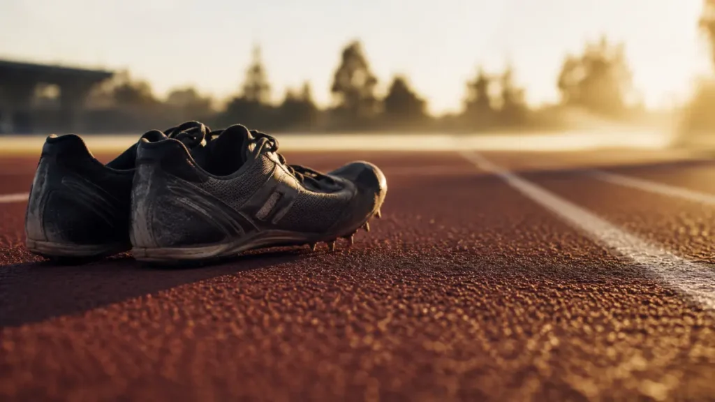 Scarpe da atletica consumate sulla pista rossa al tramonto