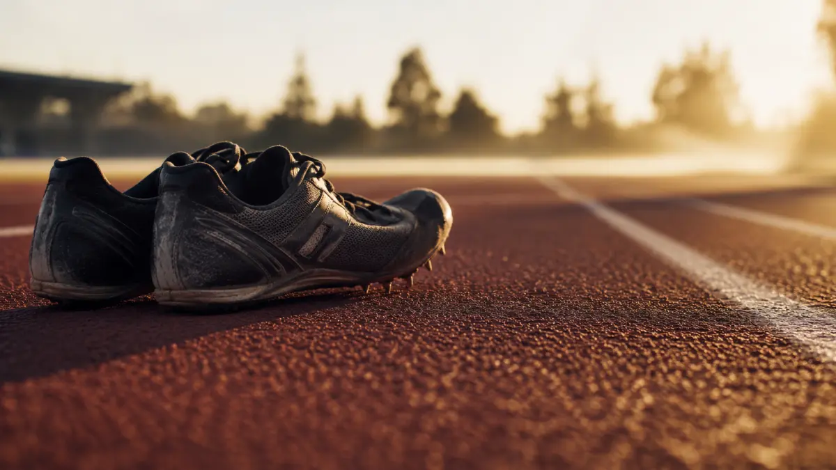 Scarpe da atletica consumate sulla pista rossa al tramonto