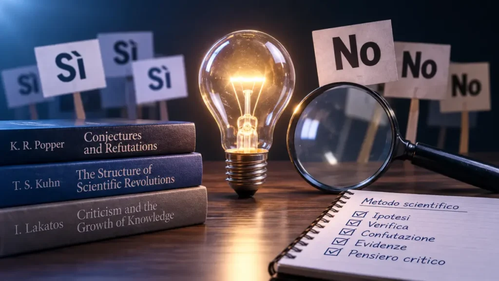 Idea al centro tra consenso e opposizione, con libri di Popper, Kuhn e Lakatos, lente d’ingrandimento e metodo scientifico