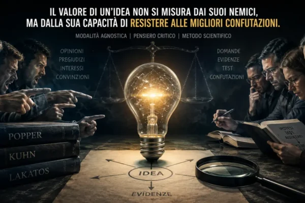 Lampadina al centro tra consenso e opposizione, con libri di filosofia della scienza e lente d’ingrandimento per rappresentare la confutazione di un’idea