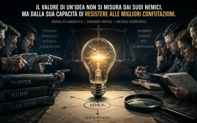 Lampadina al centro tra consenso e opposizione, con libri di filosofia della scienza e lente d’ingrandimento per rappresentare la confutazione di un’idea