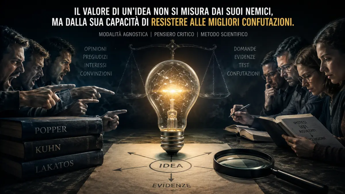 Lampadina al centro tra consenso e opposizione, con libri di filosofia della scienza e lente d’ingrandimento per rappresentare la confutazione di un’idea