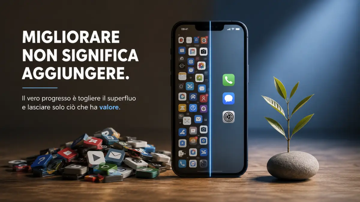 Smartphone con interfaccia essenziale che rappresenta il principio secondo cui migliorare un'app non significa aggiungere funzionalità.