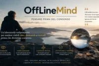 Banner editoriale di OffLineMind con una persona che osserva un paesaggio all’alba e una sfera riflettente, simbolo di pensiero, osservazione e verifica delle idee.