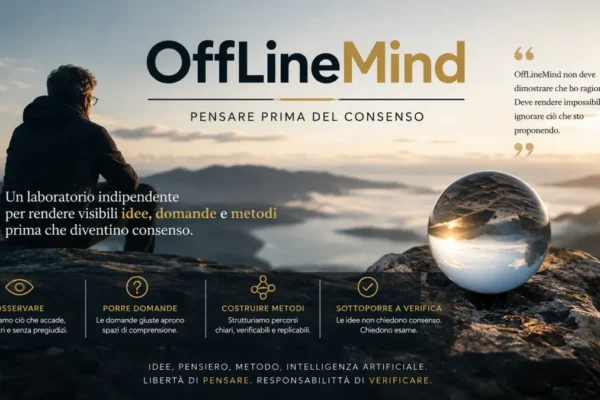 Banner editoriale di OffLineMind con una persona che osserva un paesaggio all’alba e una sfera riflettente, simbolo di pensiero, osservazione e verifica delle idee.