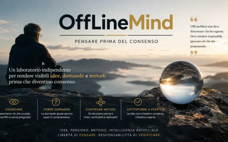 Banner editoriale di OffLineMind con una persona che osserva un paesaggio all’alba e una sfera riflettente, simbolo di pensiero, osservazione e verifica delle idee.