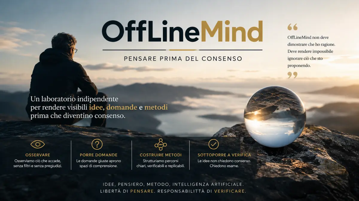 Banner editoriale di OffLineMind con una persona che osserva un paesaggio all’alba e una sfera riflettente, simbolo di pensiero, osservazione e verifica delle idee.