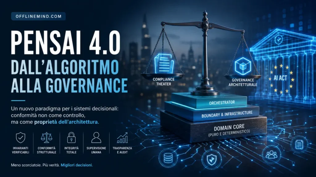Illustrazione concettuale di PENSAI 4.0 che rappresenta il passaggio dalla compliance tradizionale alla governance algoritmica basata su invarianti architetturali.