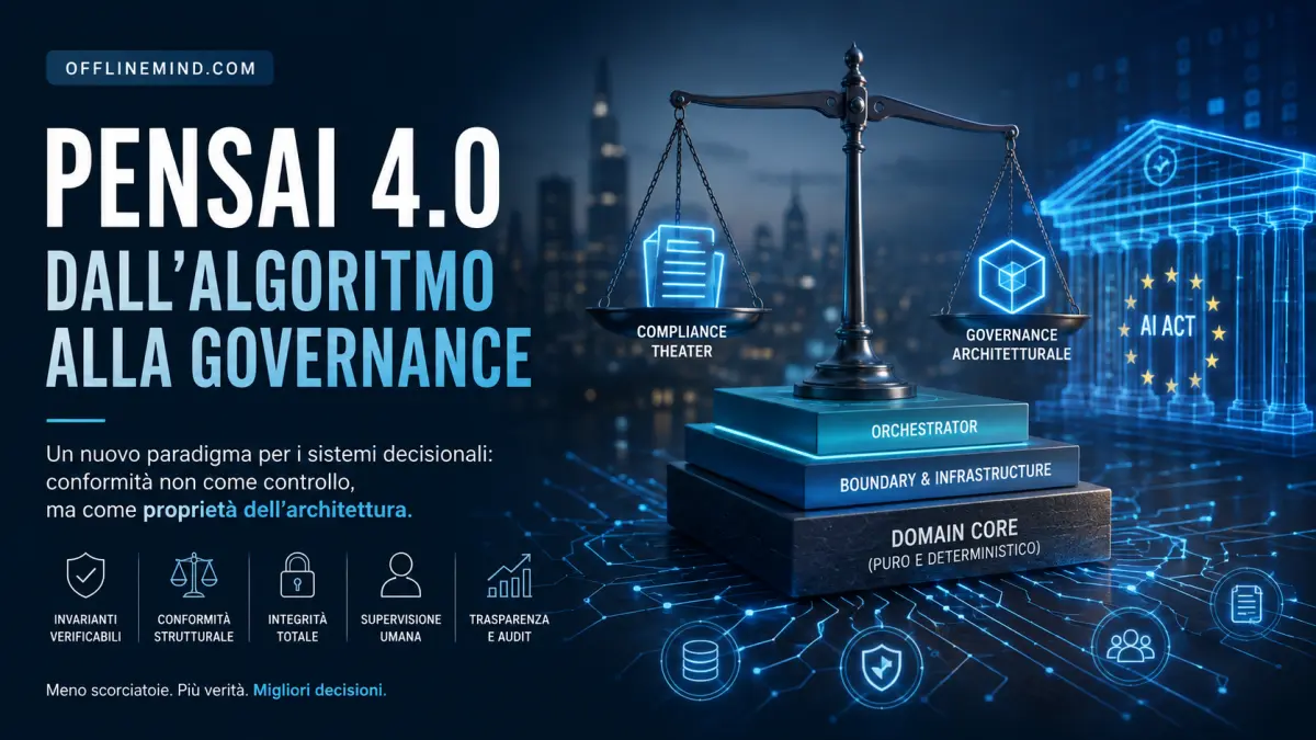 Illustrazione concettuale di PENSAI 4.0 che rappresenta il passaggio dalla compliance tradizionale alla governance algoritmica basata su invarianti architetturali.