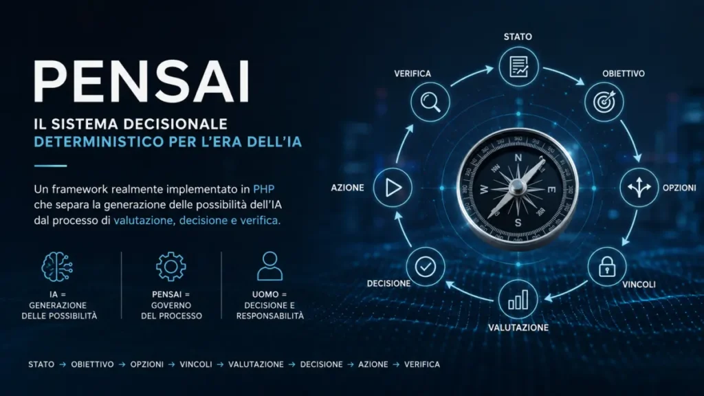 PENSAI, sistema decisionale deterministico implementato in PHP, con processo da stato e obiettivo a valutazione, decisione, azione e verifica