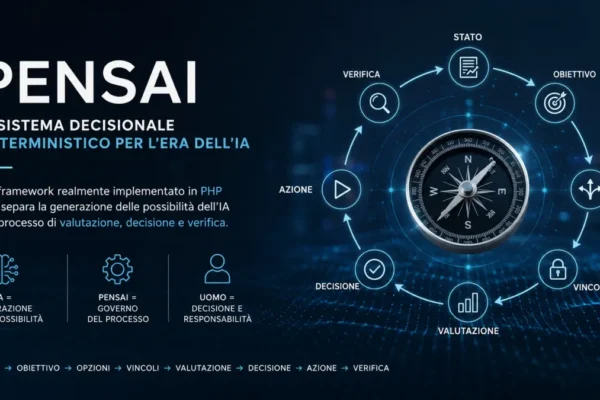 PENSAI, sistema decisionale deterministico implementato in PHP, con processo da stato e obiettivo a valutazione, decisione, azione e verifica