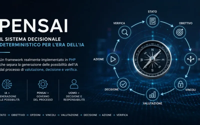 PENSAI, sistema decisionale deterministico implementato in PHP, con processo da stato e obiettivo a valutazione, decisione, azione e verifica