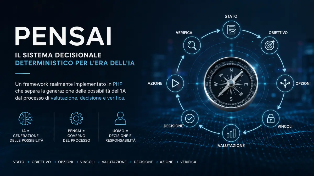 PENSAI, sistema decisionale deterministico implementato in PHP, con processo da stato e obiettivo a valutazione, decisione, azione e verifica